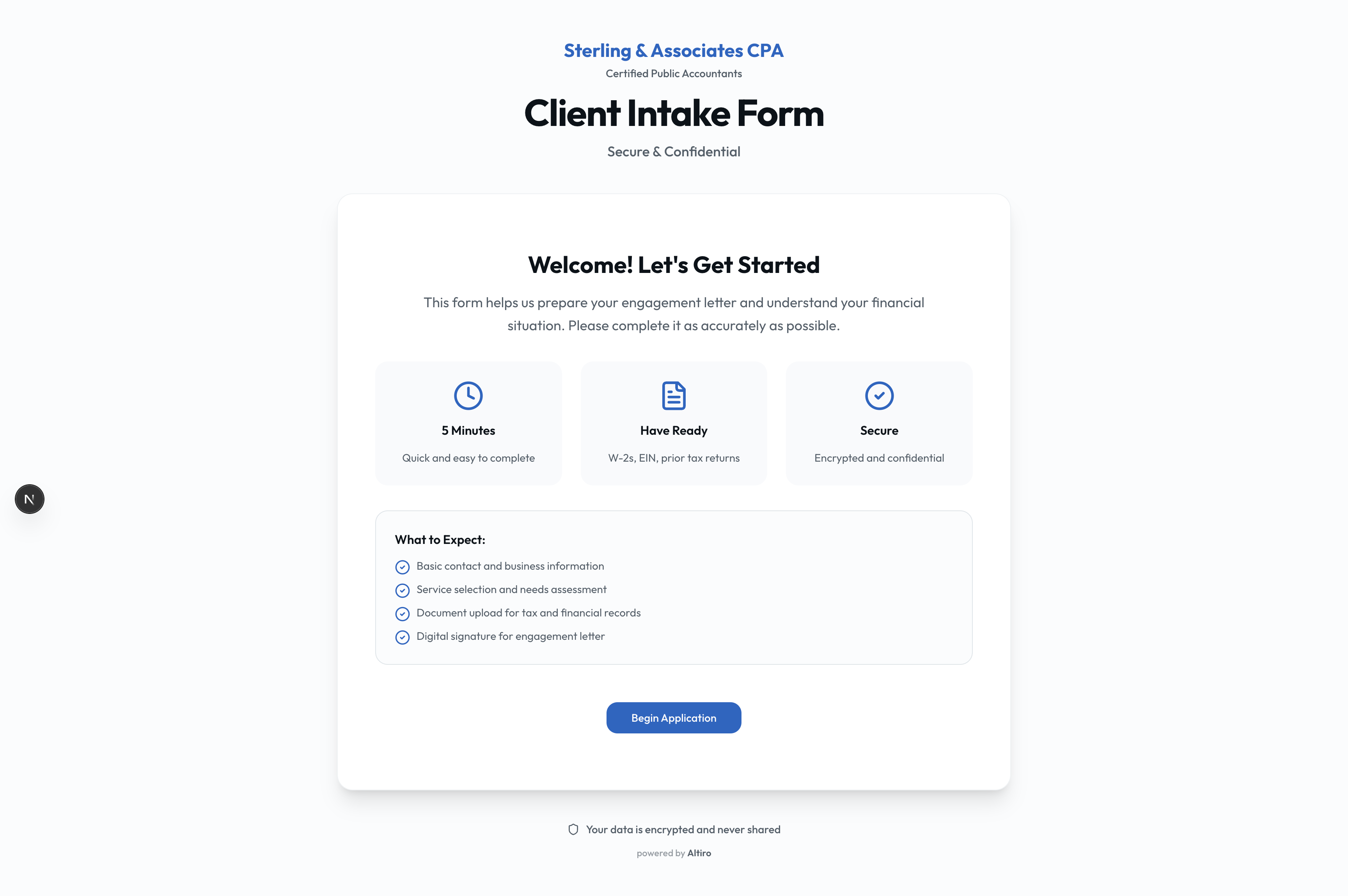 Altiro client intake welcome screen